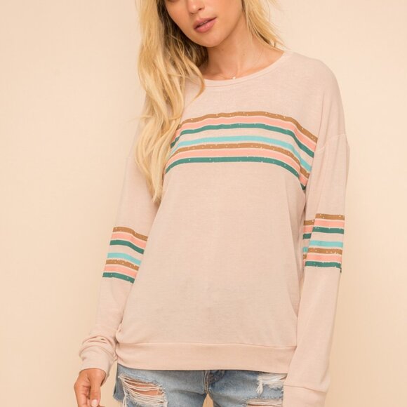 MYSTREE Striped Long Sleeve Crewneck Top, Blush Pink Retro Pullover - Picture 5 of 6